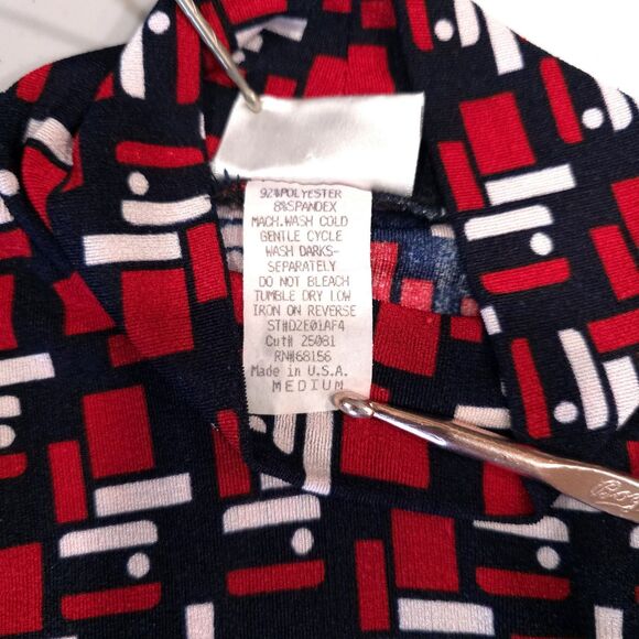 VTG Sleeveless Stretch Mockneck Top SzM Red White Blue Geometric Slinky 90s Y2K - Picture 10 of 11